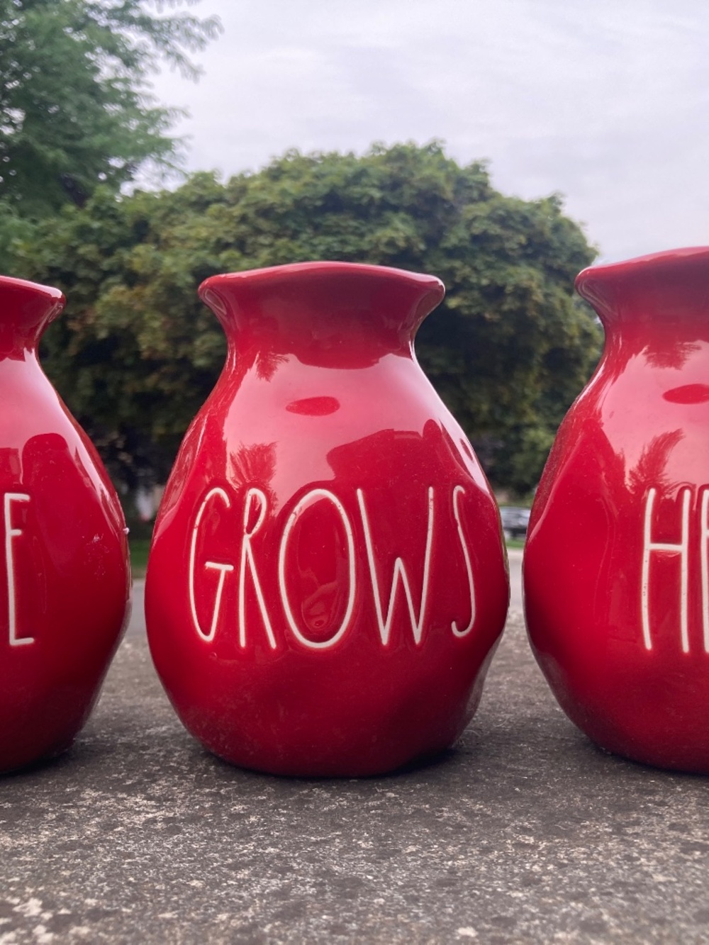 Trio of Rae Dunn "LOVE GROWS HERE" red vases